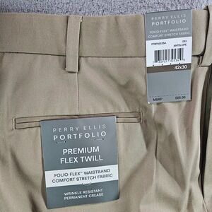 Perry Ellis Portfolio Mens 42x30 Antelope Khaki Premium Flex Twill Pants NEW NWT